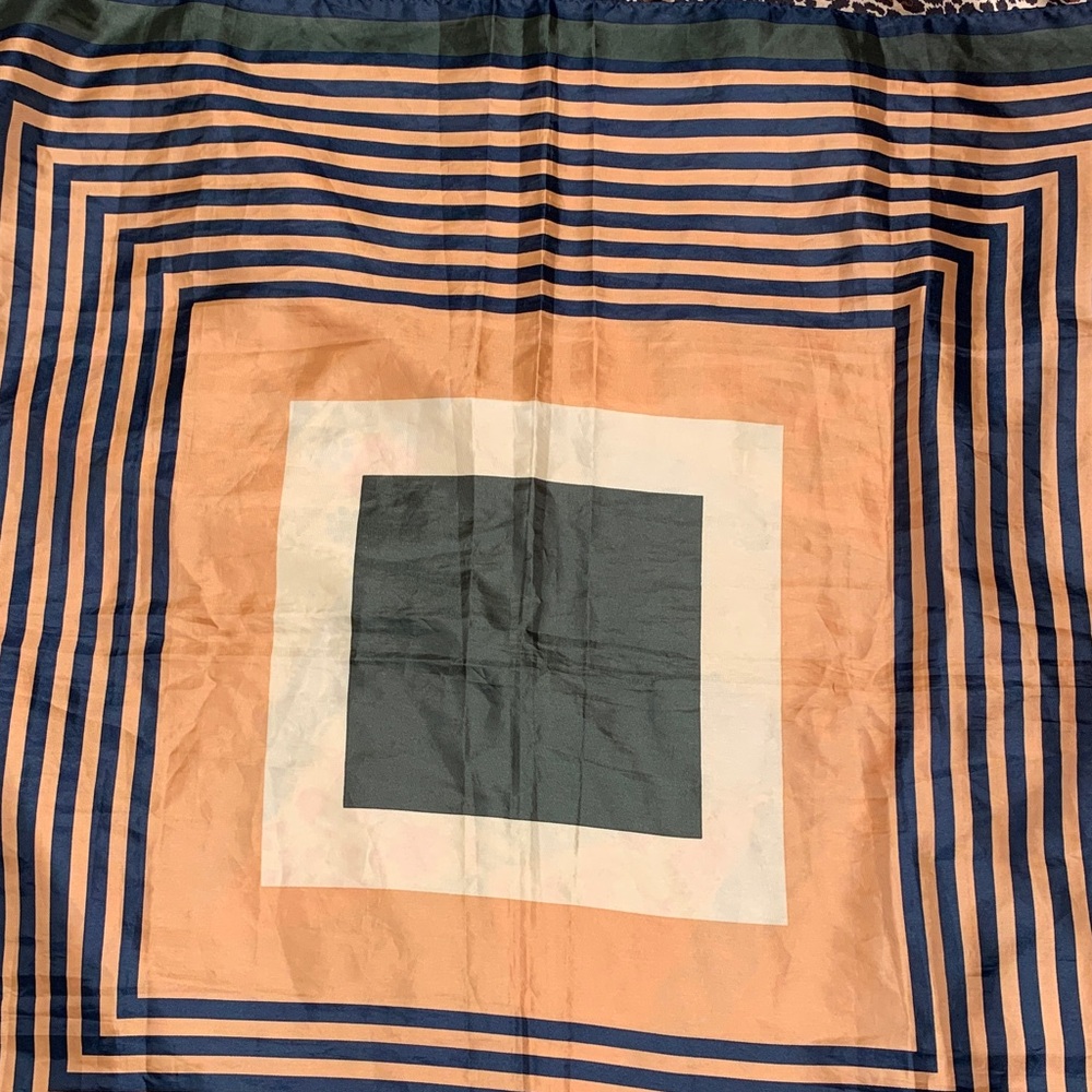 70’s Geometric Neutral Print Scarf in Navy, Goldish-Tan, and Forest Green - Picture 8 of 8